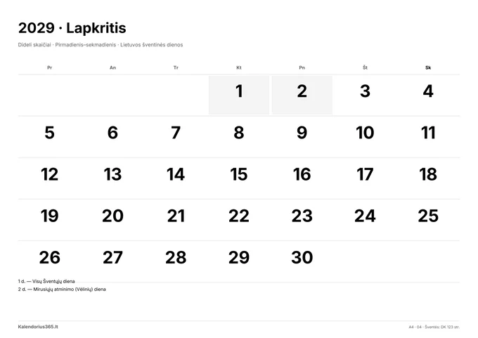 2029 m. lapkričio kalendorius: Dideli skaičiai su Lietuvos šventinėmis dienomis