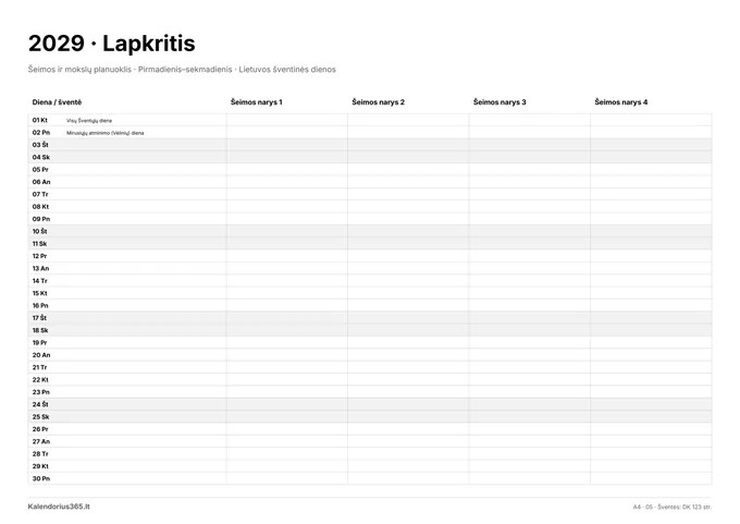 2029 m. lapkričio kalendorius: Šeimos ir mokslų planuoklis su Lietuvos šventinėmis dienomis