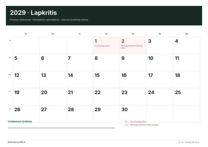 2029 m. lapkričio kalendorius: Premium kontrastas su Lietuvos šventinėmis dienomis