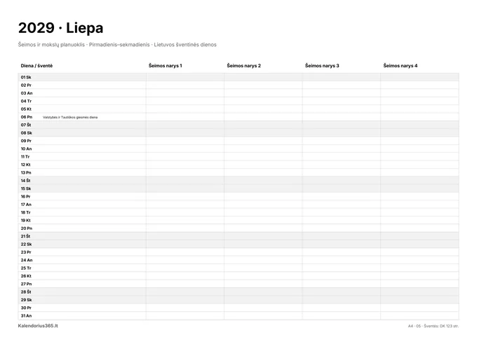 2029 m. liepos kalendorius: Šeimos ir mokslų planuoklis su Lietuvos šventinėmis dienomis