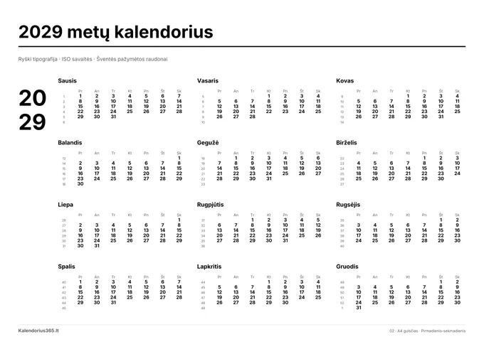 2029 Ryški tipografija – spausdinamas kalendorius