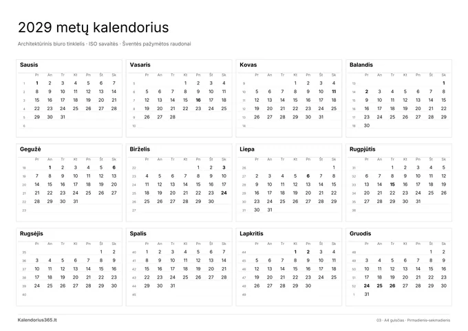 2029 Architektūrinis biuro tinklelis – spausdinamas kalendorius