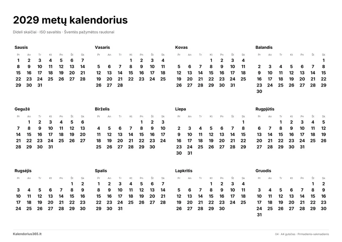 2029 Dideli skaičiai – spausdinamas kalendorius