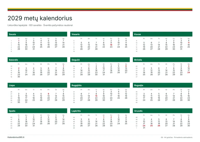 2029 Lietuviška tapatybė – spausdinamas kalendorius