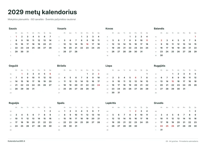 2029 Mokyklos planuoklis – spausdinamas kalendorius