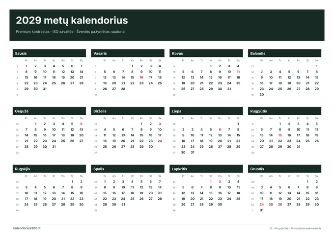 2029 Premium kontrastas – spausdinamas kalendorius