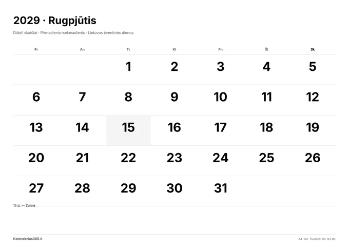 2029 m. rugpjūčio kalendorius: Dideli skaičiai su Lietuvos šventinėmis dienomis