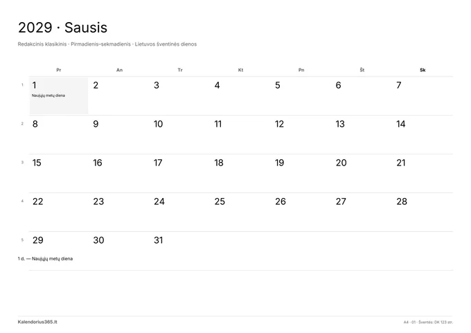 2029 m. sausio kalendorius – Redakcinis klasikinis