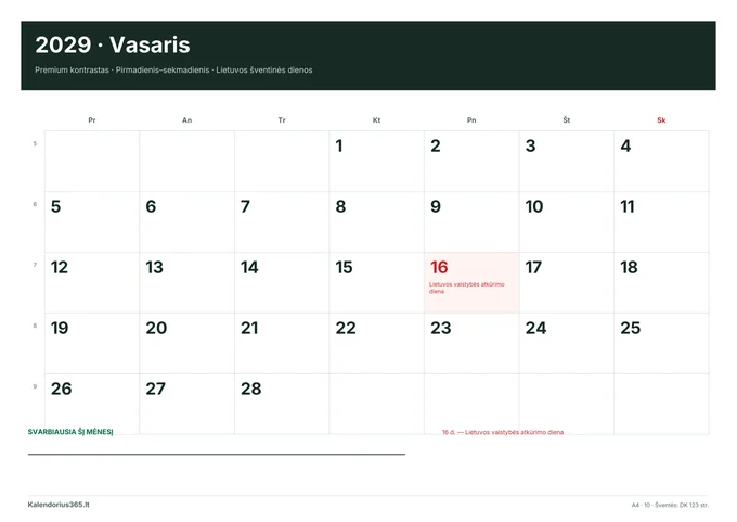2029 m. vasario kalendorius: Premium kontrastas su Lietuvos šventinėmis dienomis