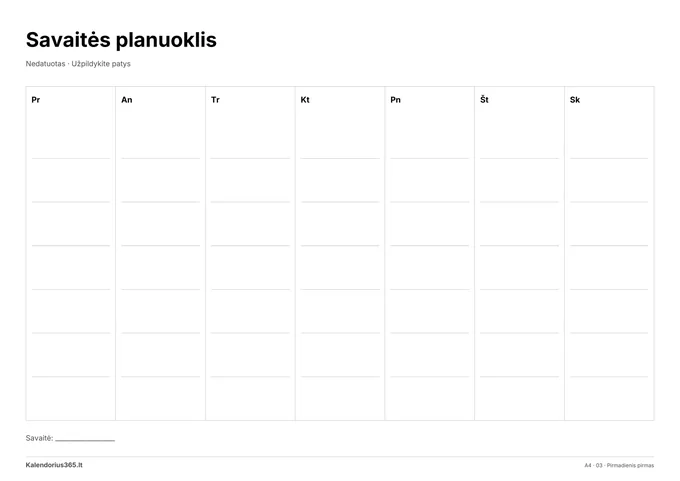Savaitės planuoklis – spausdinamas kalendorius