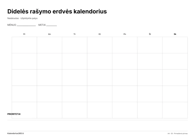  Didelės rašymo erdvės kalendorius – spausdinamas kalendorius