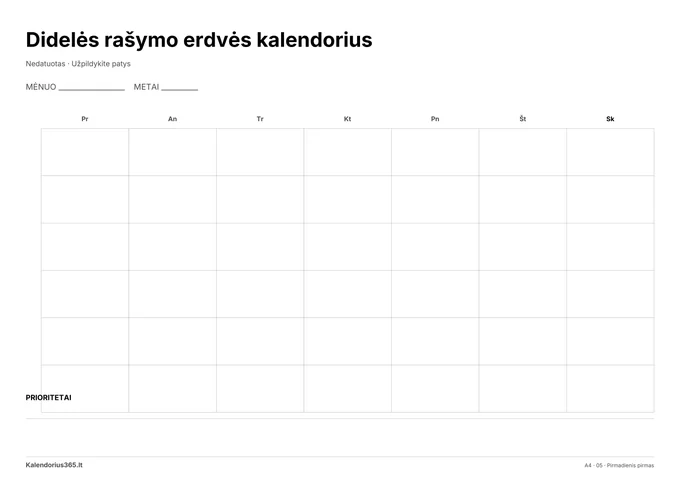  Didelės rašymo erdvės kalendorius – spausdinamas kalendorius