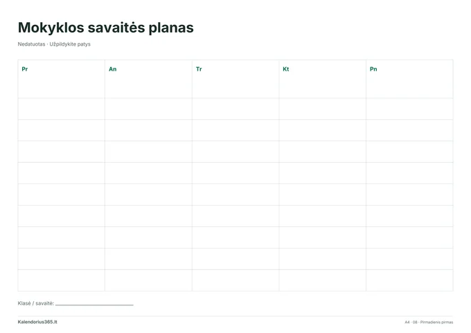  Mokyklos savaitės planas – spausdinamas kalendorius