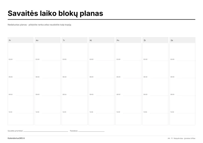 Savaitės laiko blokų planas – spausdinamas kalendorius