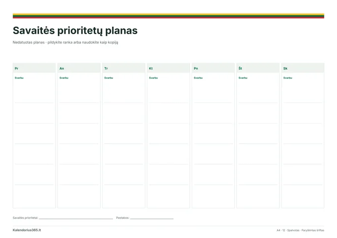 Savaitės prioritetų planas – spausdinamas kalendorius