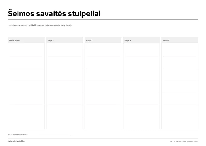  Šeimos savaitės stulpeliai – spausdinamas kalendorius