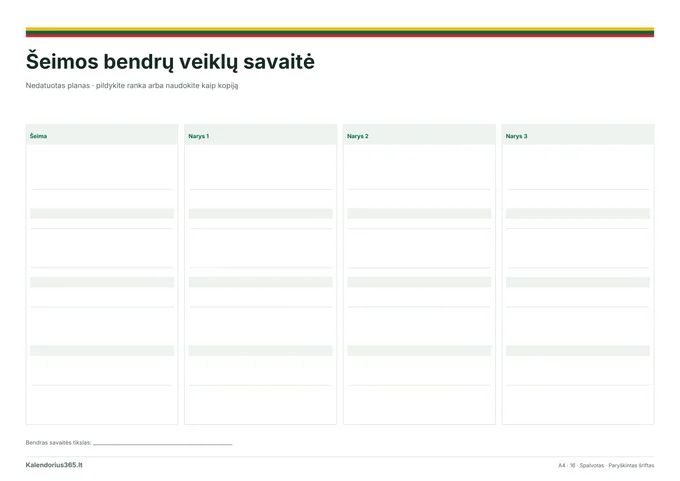  Šeimos bendrų veiklų savaitė – spausdinamas kalendorius