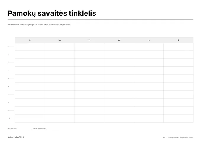 Pamokų savaitės tinklelis – spausdinamas kalendorius