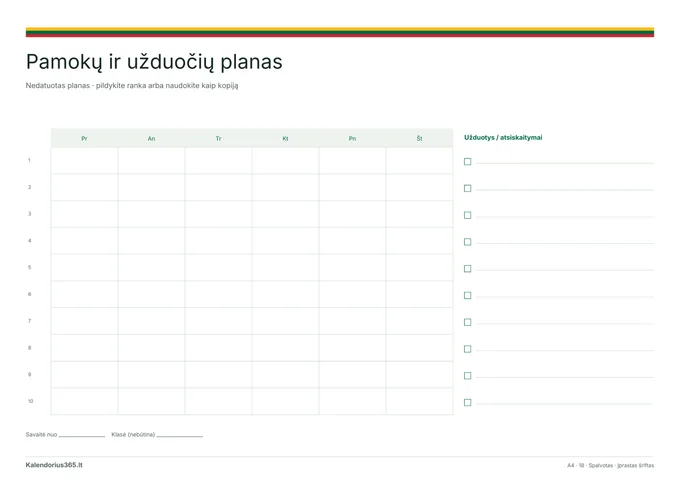 Pamokų ir užduočių planas – spausdinamas kalendorius