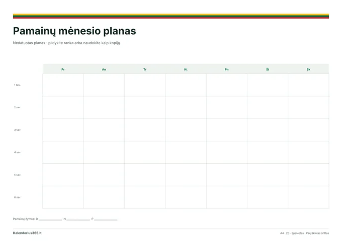  Pamainų mėnesio planas – spausdinamas kalendorius