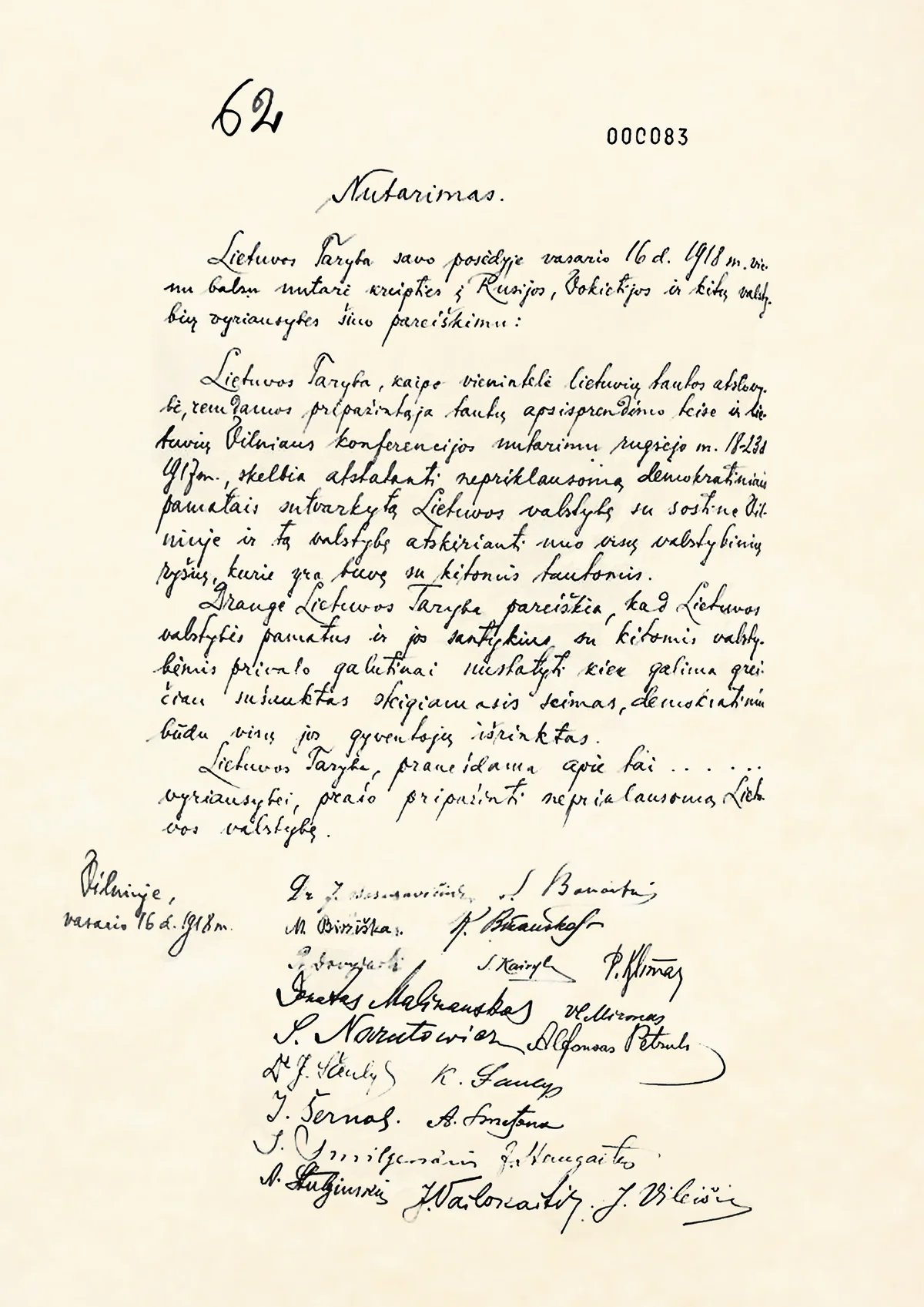 Lietuvos Tarybos 1918 m. vasario 16 d. nutarimo rankraščio puslapis su signatarų parašais.