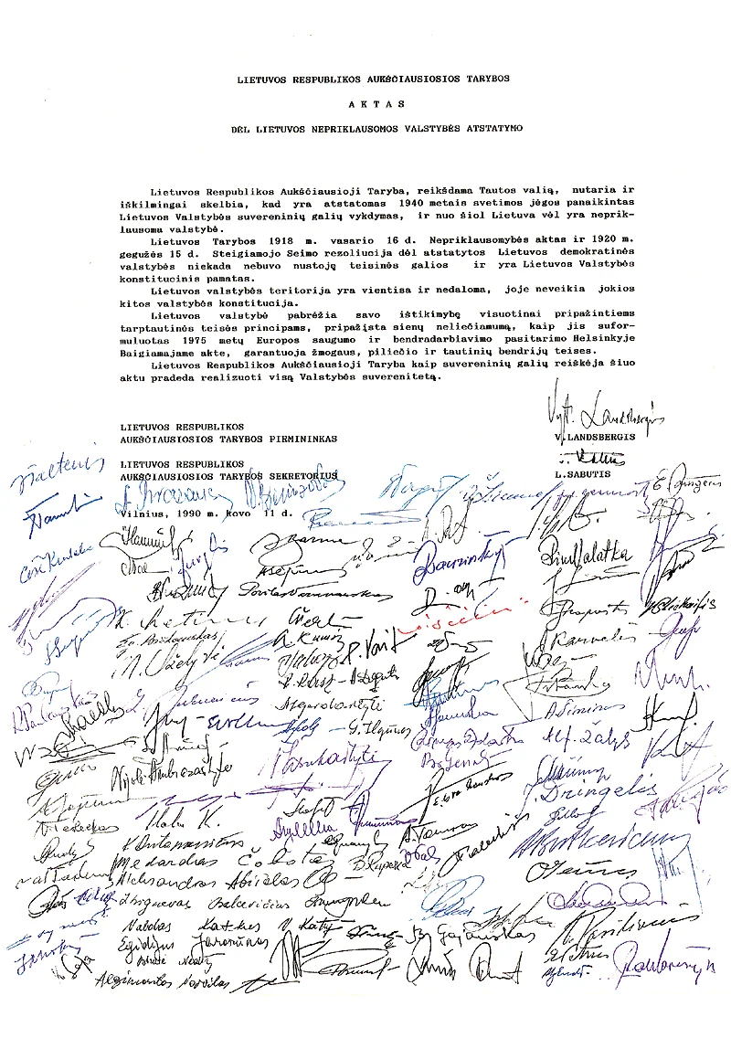 Lietuvos Respublikos Aukščiausiosios Tarybos 1990 m. kovo 11 d. nepriklausomybės atkūrimo akto dokumentas su signatarų parašais.