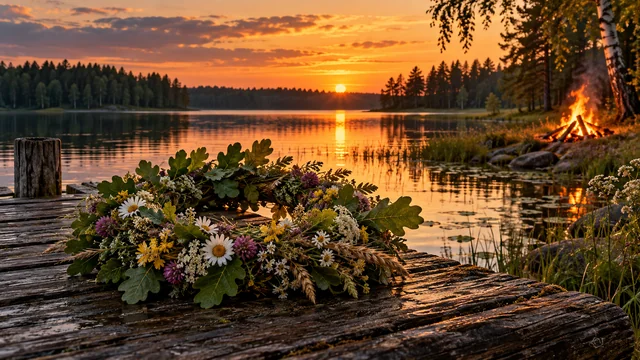 Ąžuolo lapų vainikas prie ežero ir Joninių laužas