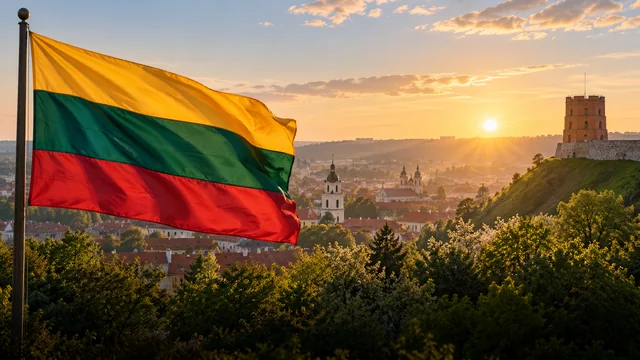 Lietuvos trispalvė ir Gedimino bokšto motyvas saulėlydyje